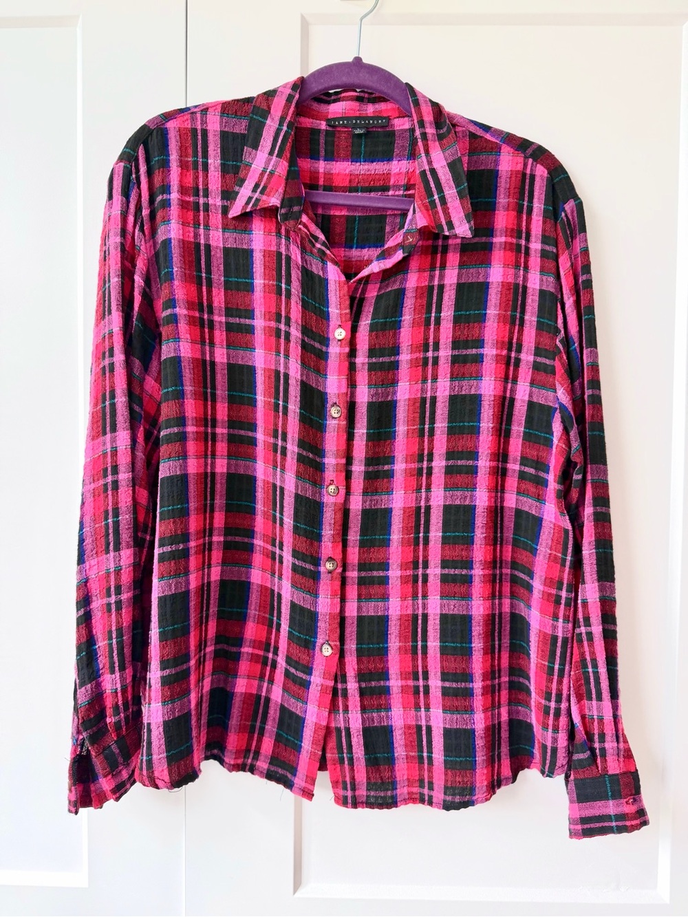 Pink plaid gauze button up shirt